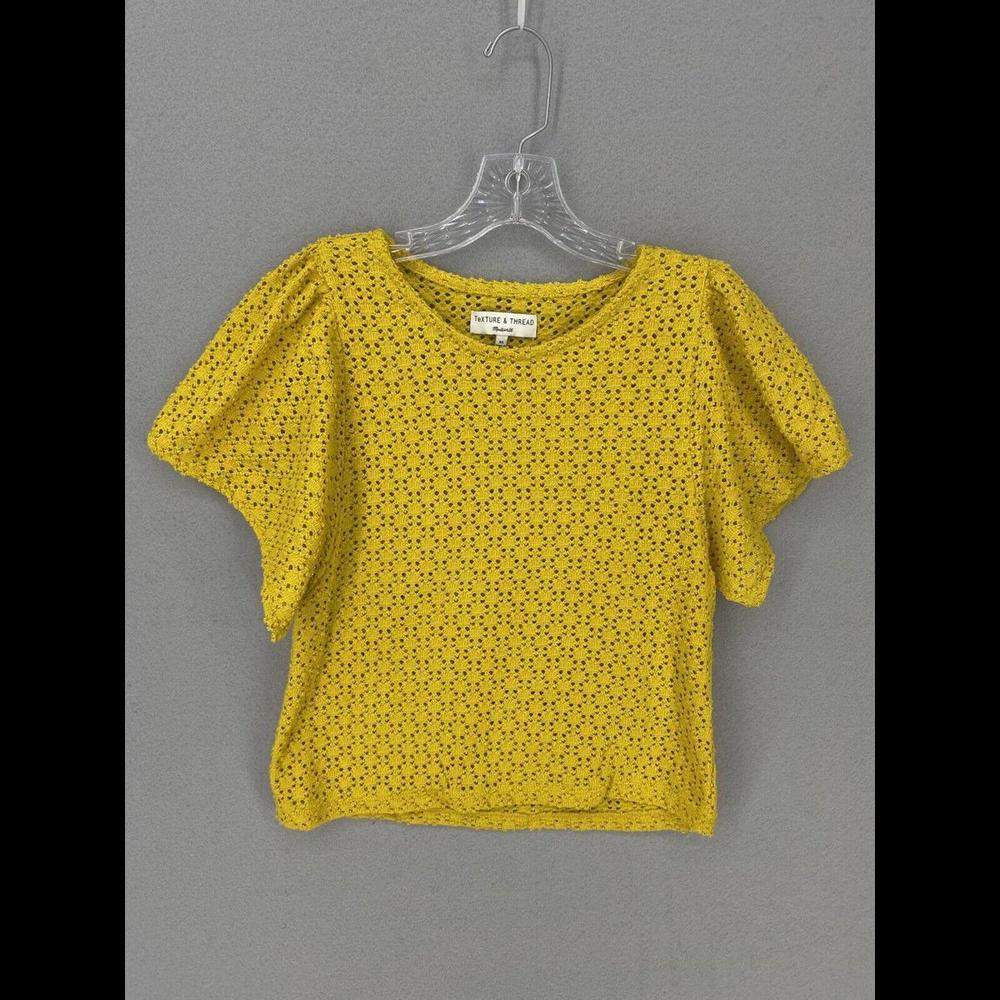 Madewell Texture & Thread Womens Blouse X-Small Yellow Eyelet Flutter Sleeve Top